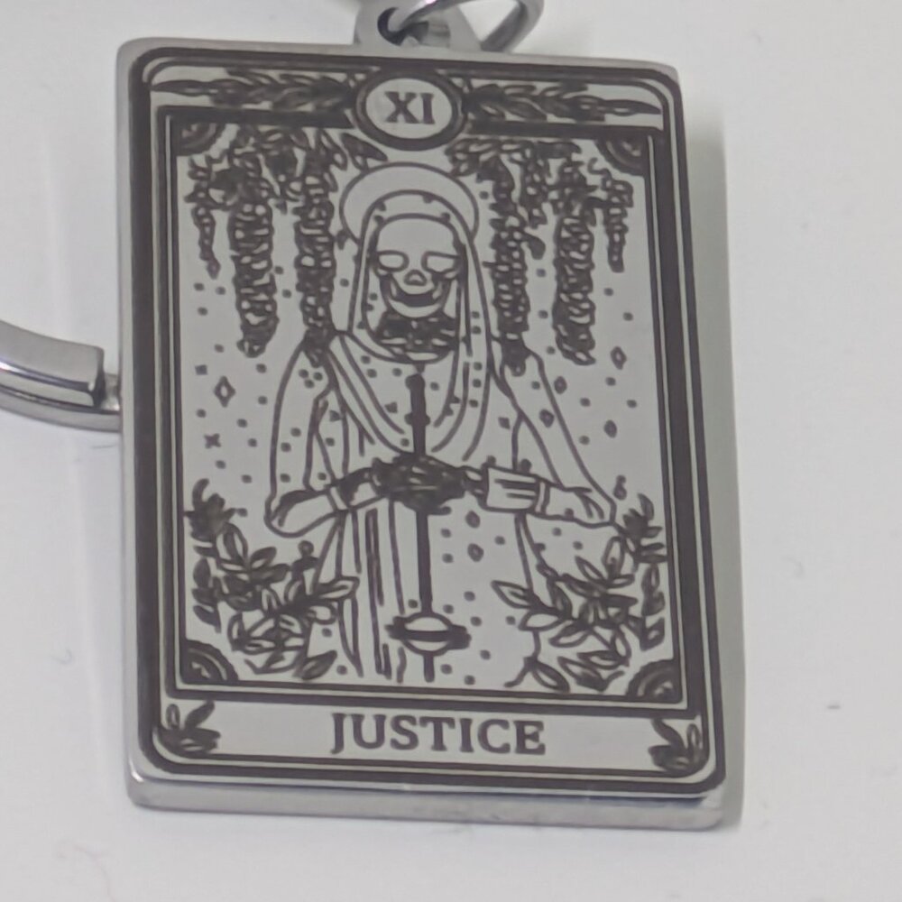 Tarot Card Keychain Stainless Steel  Justice Card Silver